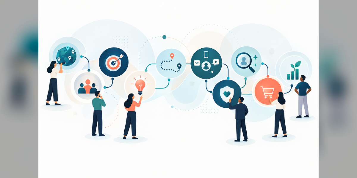 Modern marketing fundamentals system connecting customers, strategy, channels, discovery, conversion and measurement