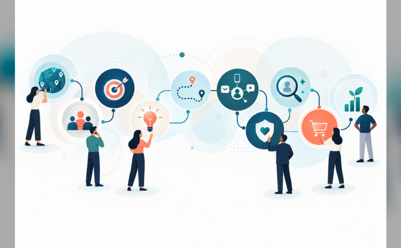 Modern marketing fundamentals system connecting customers, strategy, channels, discovery, conversion and measurement