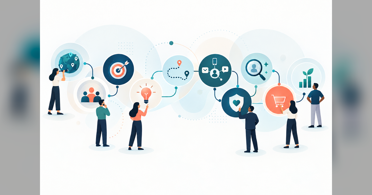 Modern marketing fundamentals system connecting customers, strategy, channels, discovery, conversion and measurement
