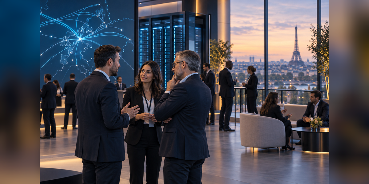 Business leaders discussing digital infrastructure at a data center conference in Paris