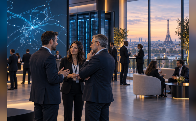 Business leaders discussing digital infrastructure at a data center conference in Paris