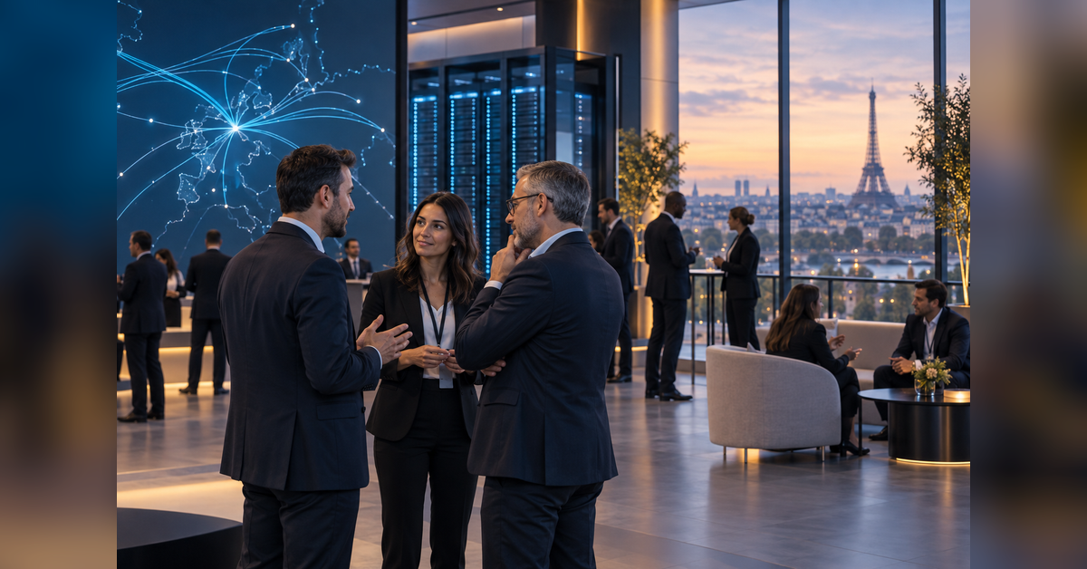 Business leaders discussing digital infrastructure at a data center conference in Paris