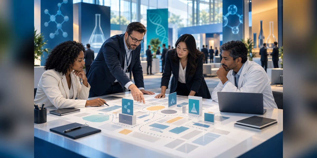 Life sciences professionals planning meetings and sessions for a pharmaceutical sciences conference