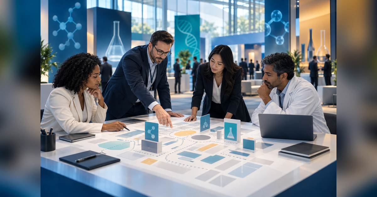 Life sciences professionals planning meetings and sessions for a pharmaceutical sciences conference
