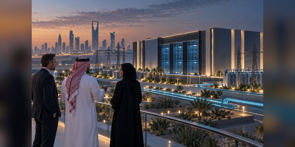 Business delegates near modern data center infrastructure in Riyadh