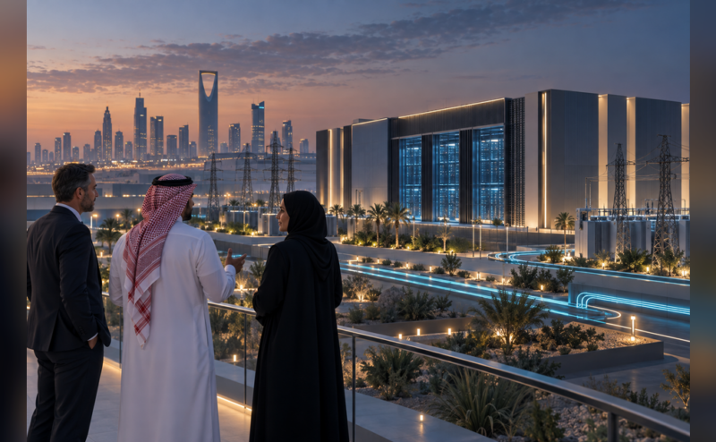 Business delegates near modern data center infrastructure in Riyadh
