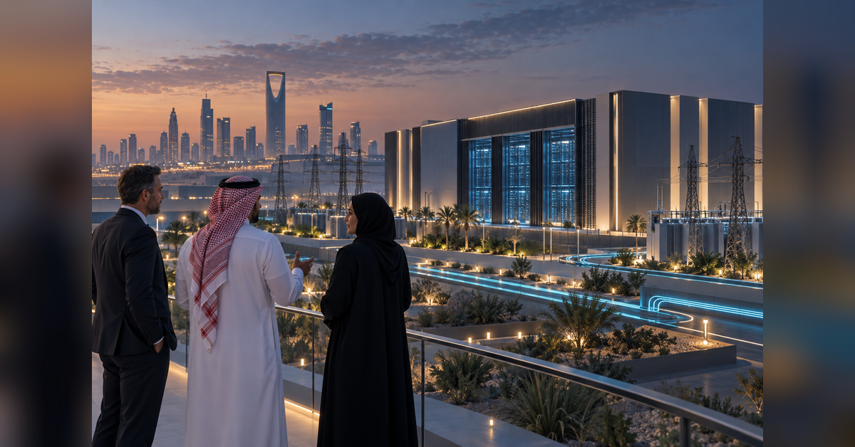 Business delegates near modern data center infrastructure in Riyadh