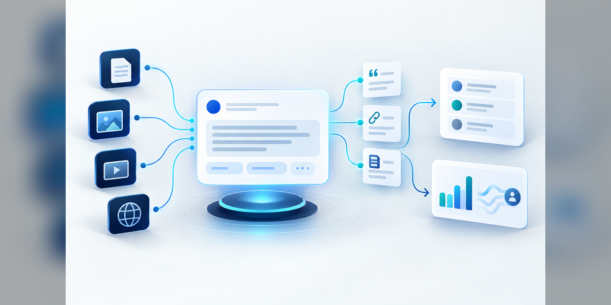 Conceptual ChatGPT SEO tracking workspace connecting prompts, sources, citations and referral signals