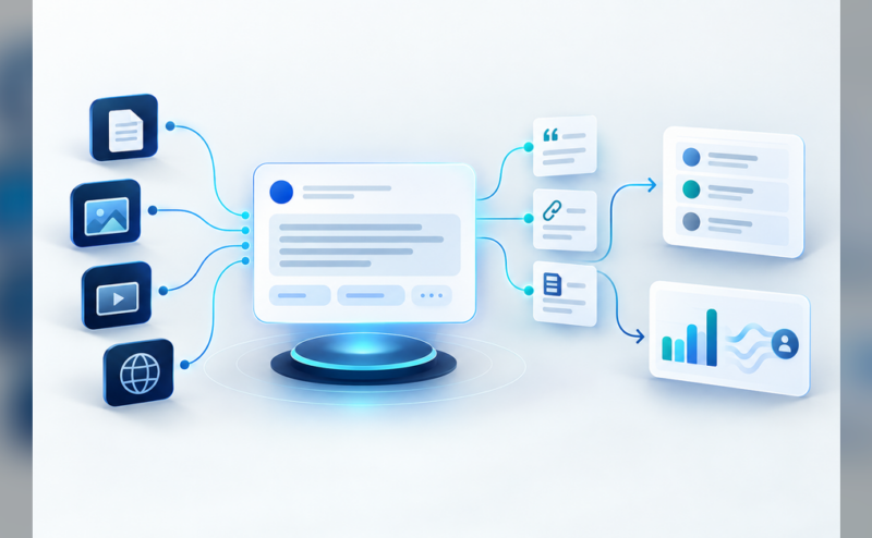 Conceptual ChatGPT SEO tracking workspace connecting prompts, sources, citations and referral signals