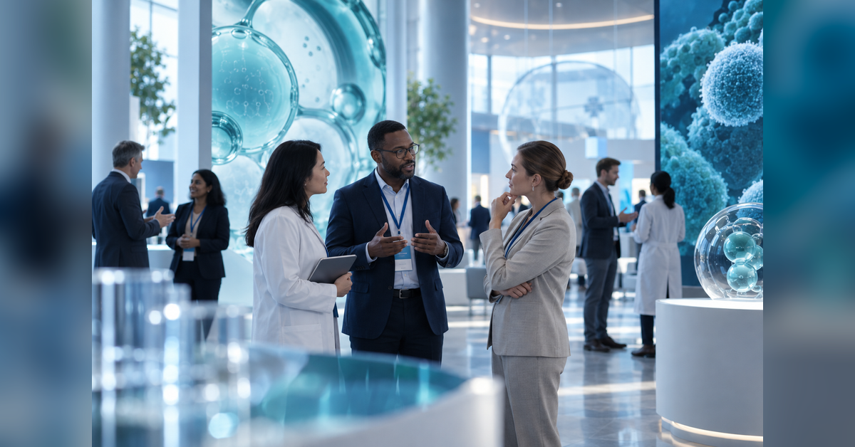 Pharmaceutical microbiology professionals meeting at a scientific conference
