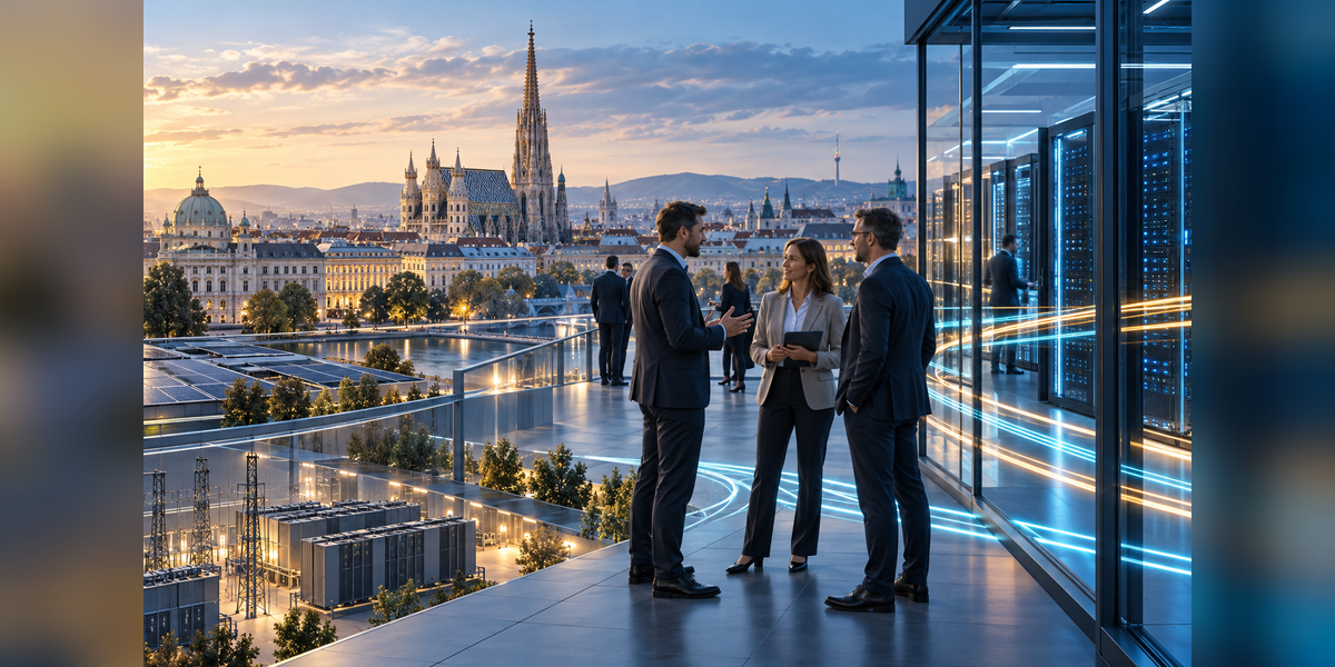 Business attendees discussing data center infrastructure and connectivity at a European conference in Vienna