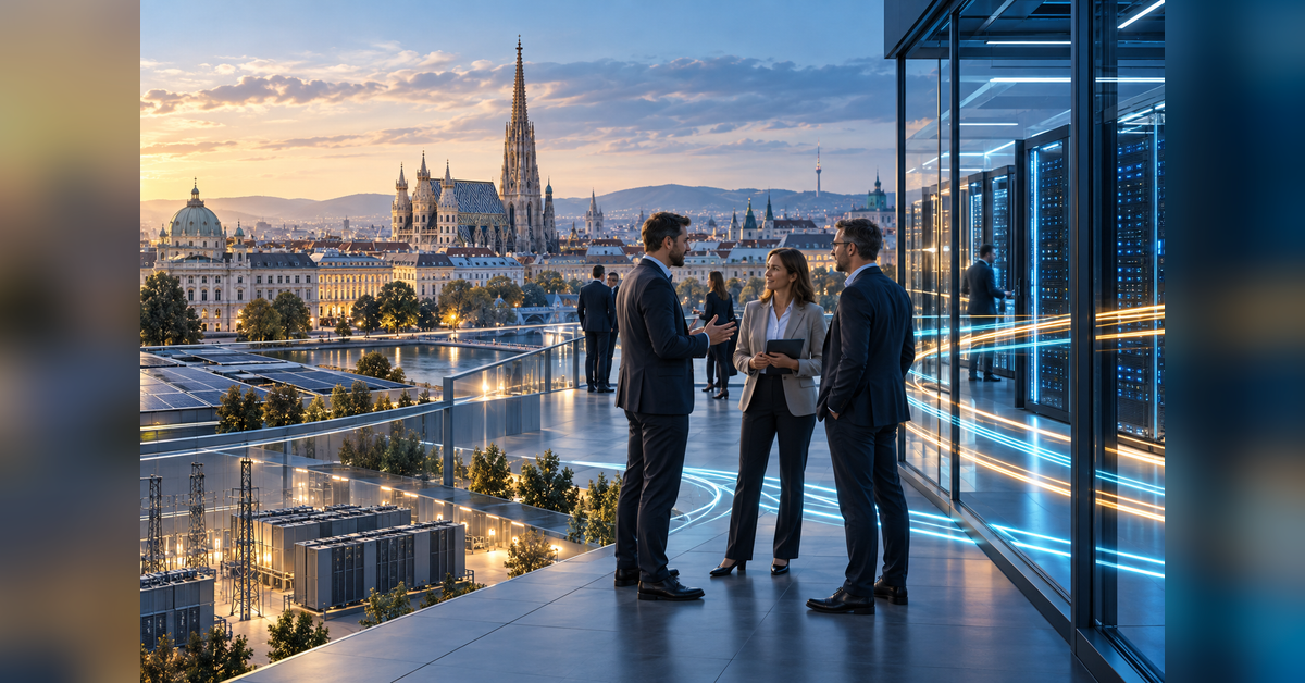 Business attendees discussing data center infrastructure and connectivity at a European conference in Vienna