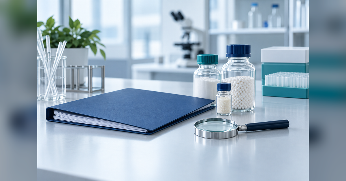 Capto Q resin purchasing concept with generic sealed laboratory containers and procurement documents