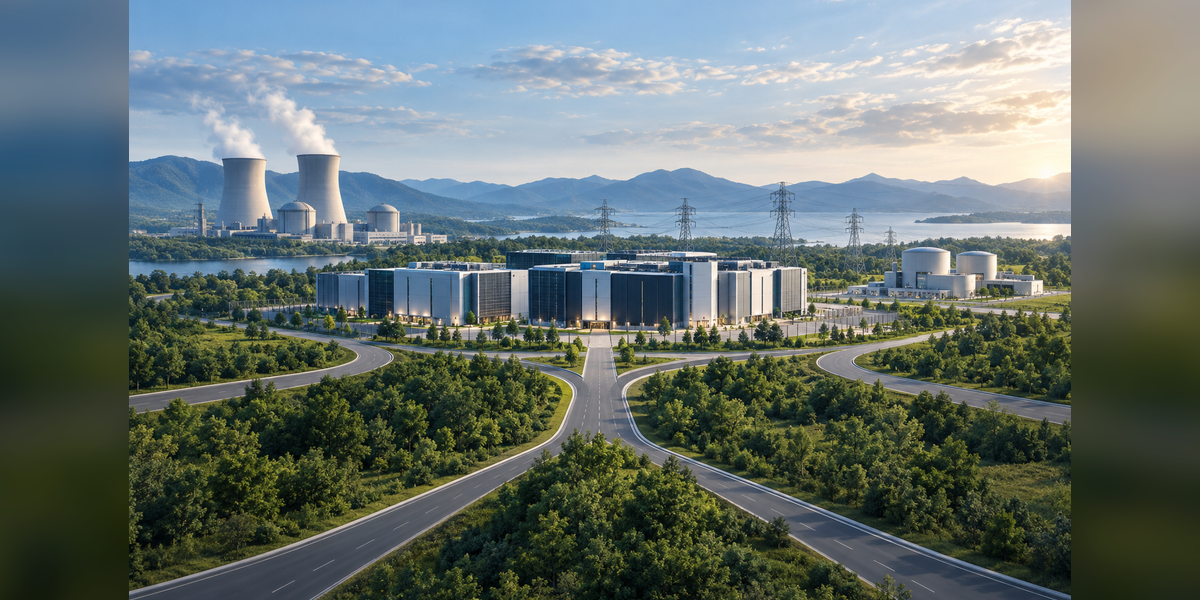 Conceptual nuclear energy and electrical infrastructure serving an AI data center campus