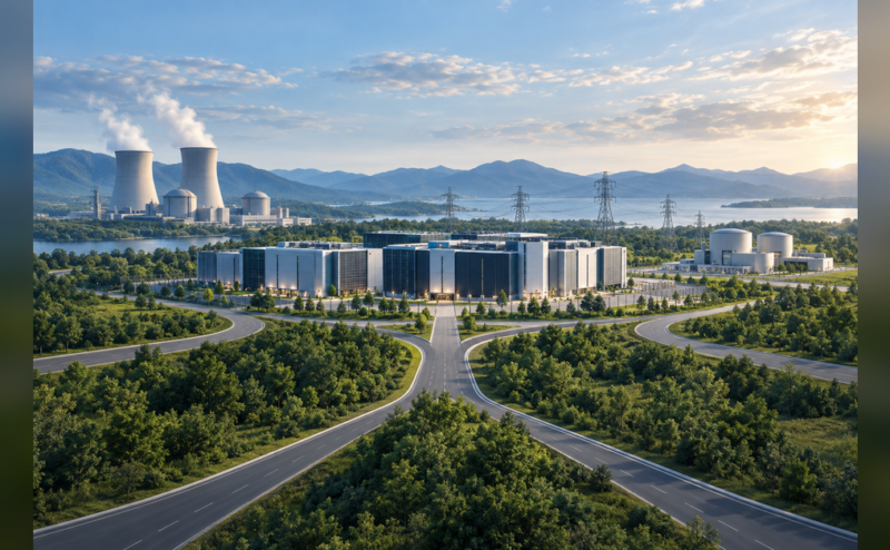Conceptual nuclear energy and electrical infrastructure serving an AI data center campus