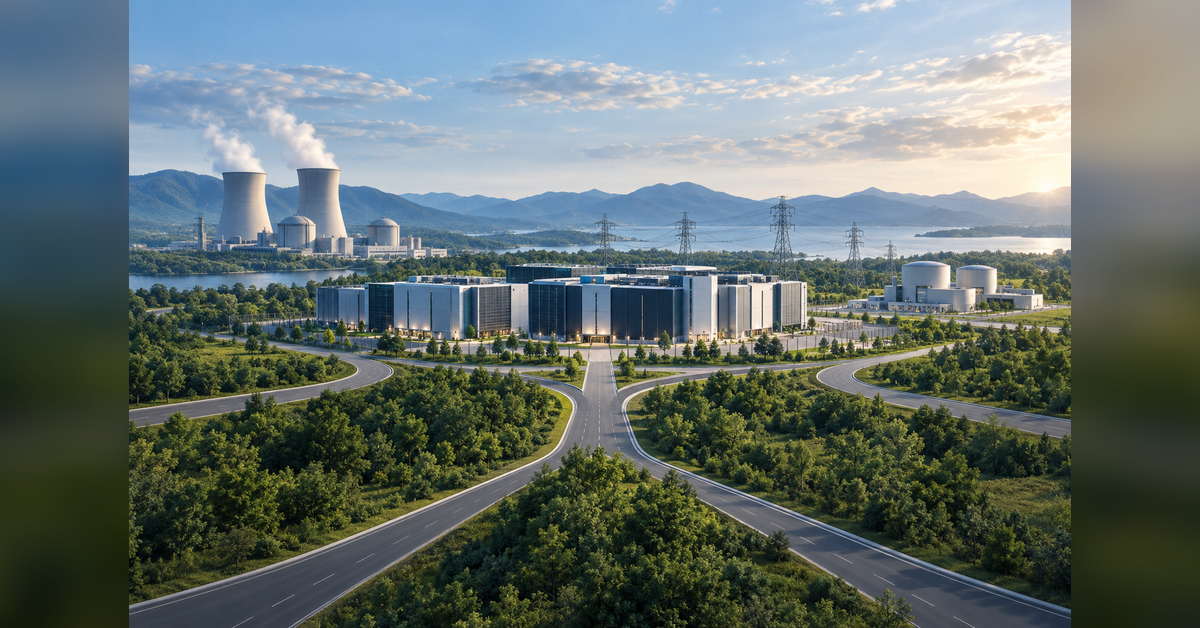 Conceptual nuclear energy and electrical infrastructure serving an AI data center campus