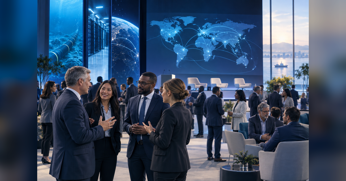 PTC attendees from telecommunications, data center, investment and policy organizations networking at a conference
