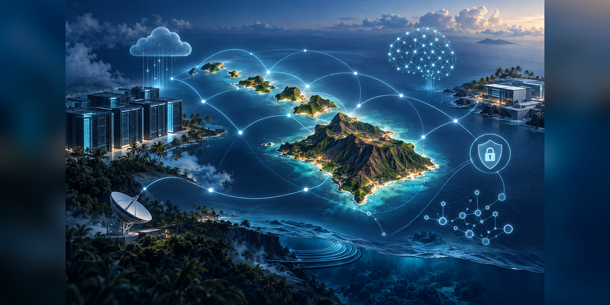 Hawaii technology conference planning concept with digital infrastructure, AI and network imagery