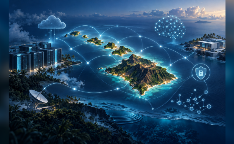 Hawaii technology conference planning concept with digital infrastructure, AI and network imagery