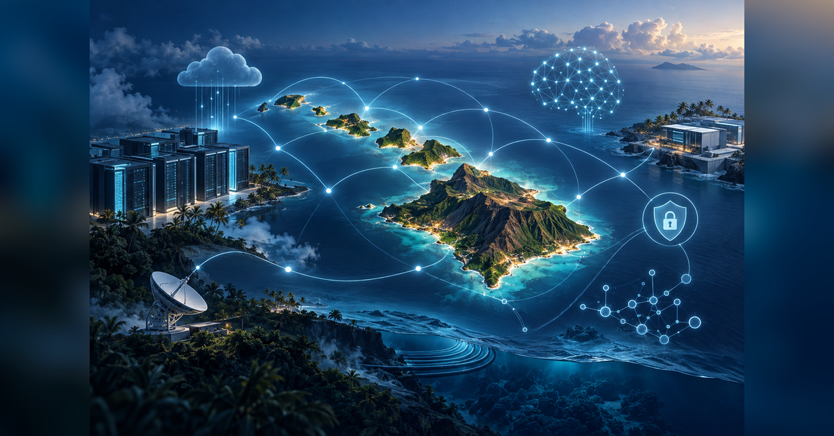 Hawaii technology conference planning concept with digital infrastructure, AI and network imagery