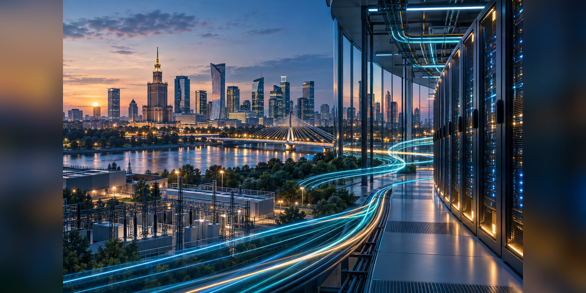 Data Center Nation Warsaw 2026 conference concept with Warsaw skyline, data center infrastructure, power, and fiber connections