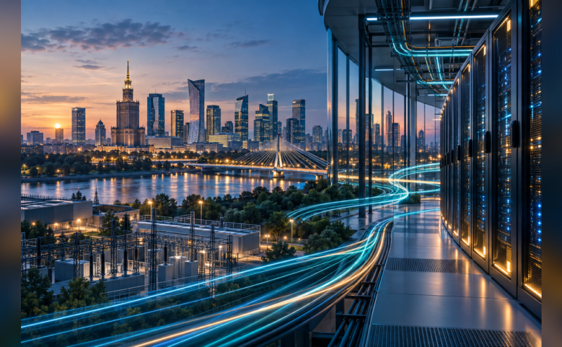 Data Center Nation Warsaw 2026 conference concept with Warsaw skyline, data center infrastructure, power, and fiber connections