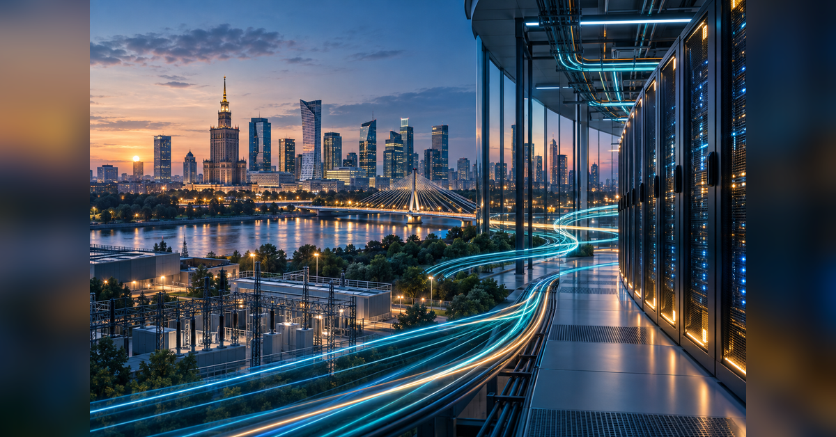 Data Center Nation Warsaw 2026 conference concept with Warsaw skyline, data center infrastructure, power, and fiber connections