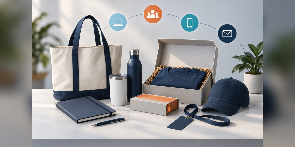 Promotional merchandise and event materials arranged for an I. Miller International buyer guide