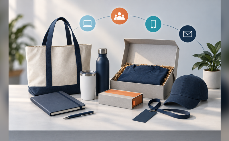 Promotional merchandise and event materials arranged for an I. Miller International buyer guide