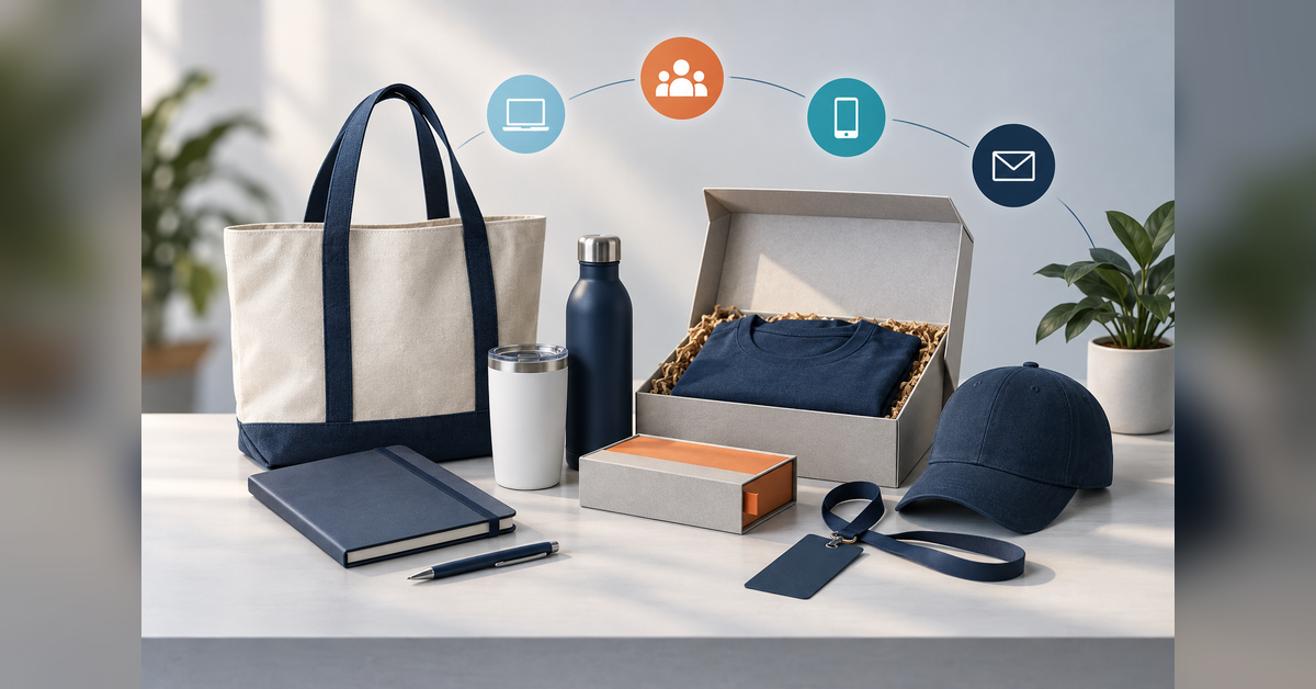 Promotional merchandise and event materials arranged for an I. Miller International buyer guide