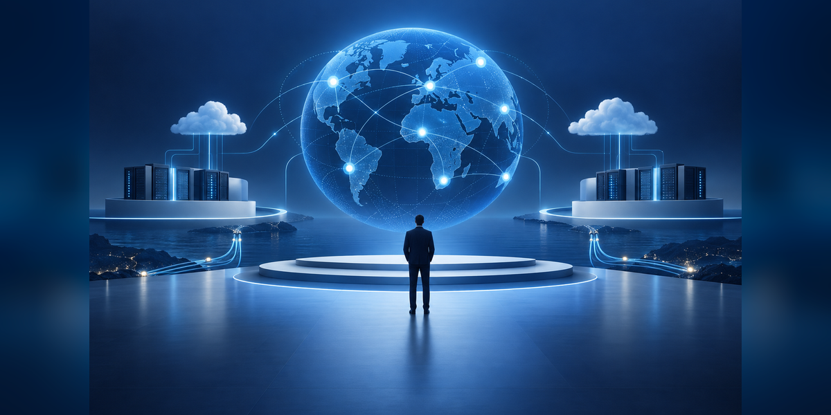 Editorial illustration of an emerging digital-infrastructure startup cohort connected to a global industry program