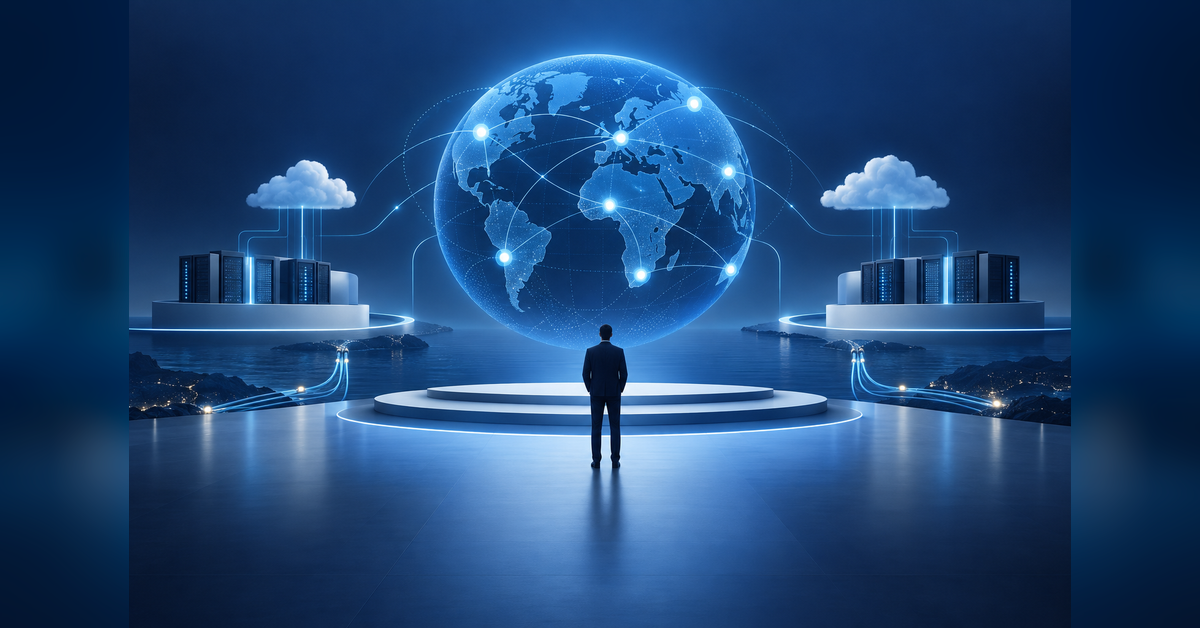 Editorial illustration of an emerging digital-infrastructure startup cohort connected to a global industry program