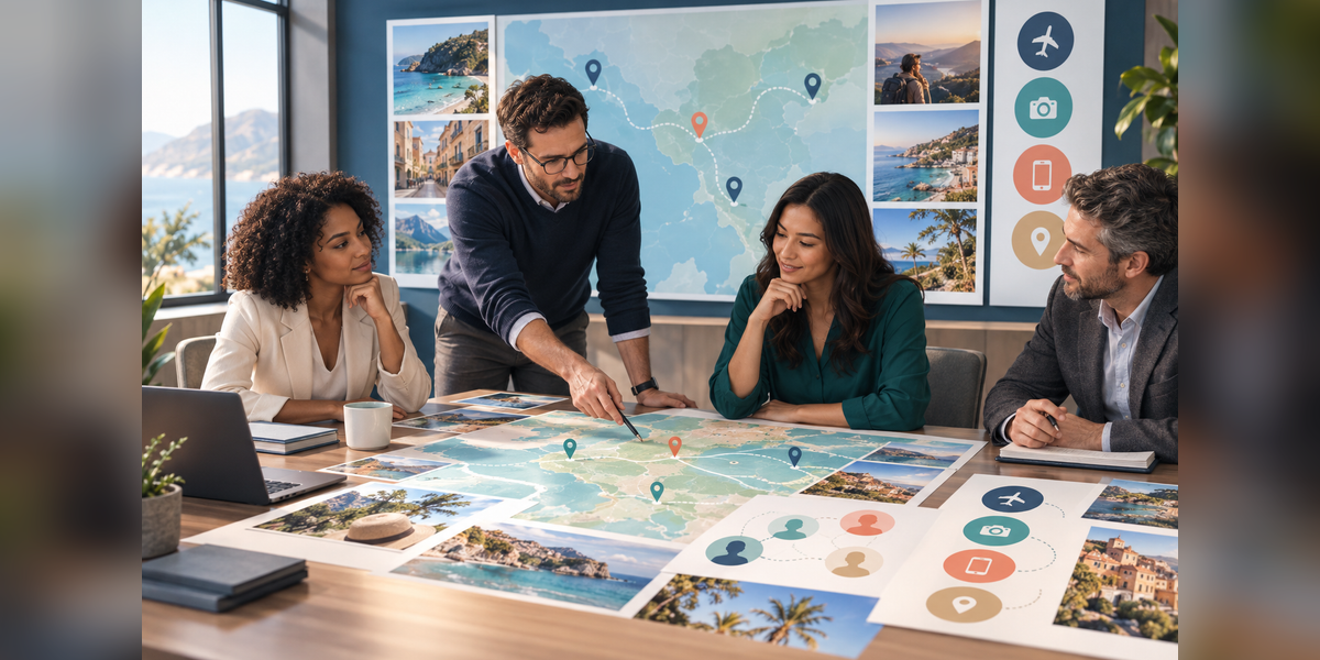 Tourism organization team comparing destination marketing agency strategies