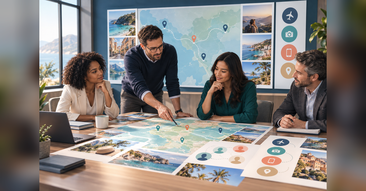 Tourism organization team comparing destination marketing agency strategies