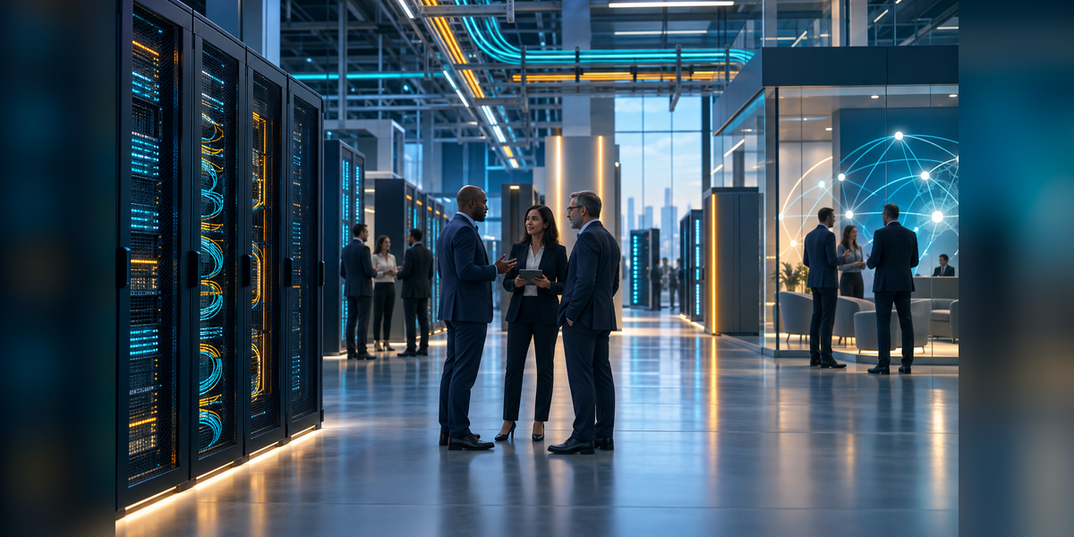 Business attendees discussing power and connectivity at a digital infrastructure conference