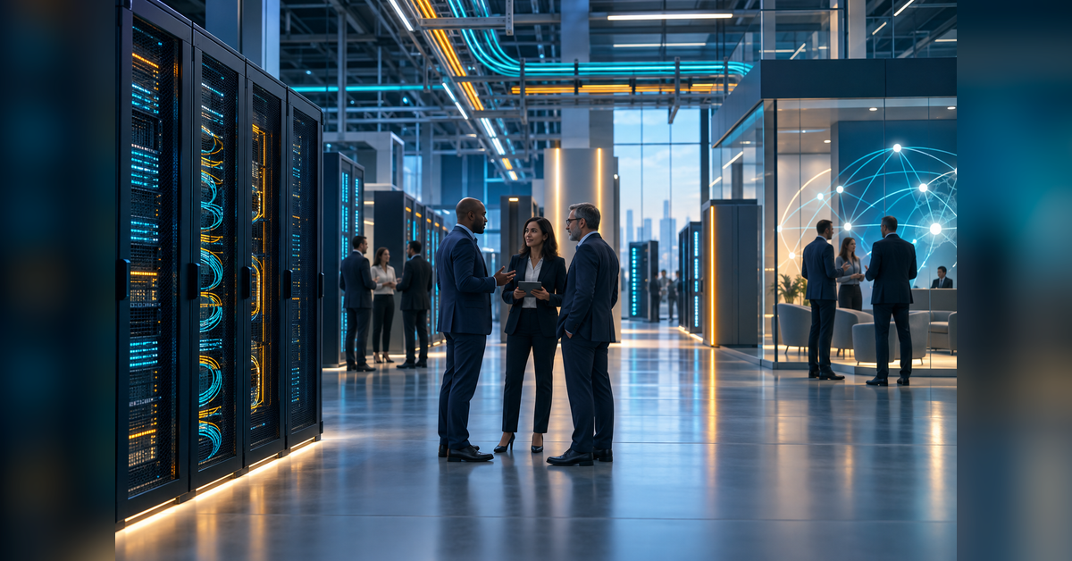 Business attendees discussing power and connectivity at a digital infrastructure conference