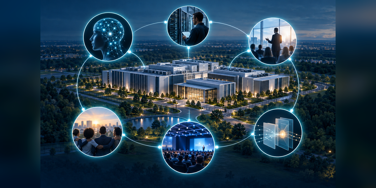Conceptual map of 2027 data center marketing trends connecting AI discovery, technical authority, community trust, events, and attribution