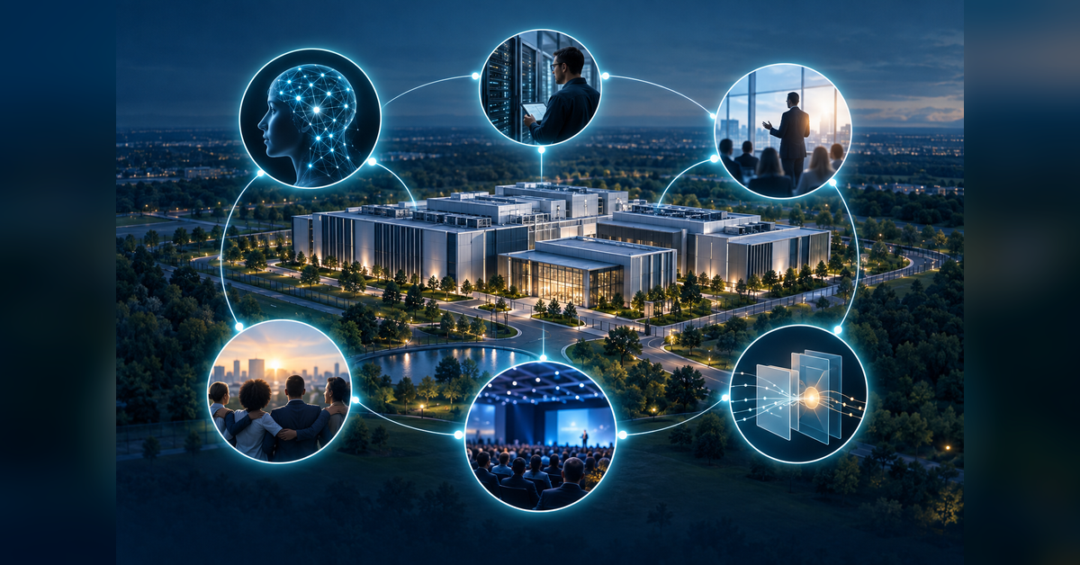 Conceptual map of 2027 data center marketing trends connecting AI discovery, technical authority, community trust, events, and attribution