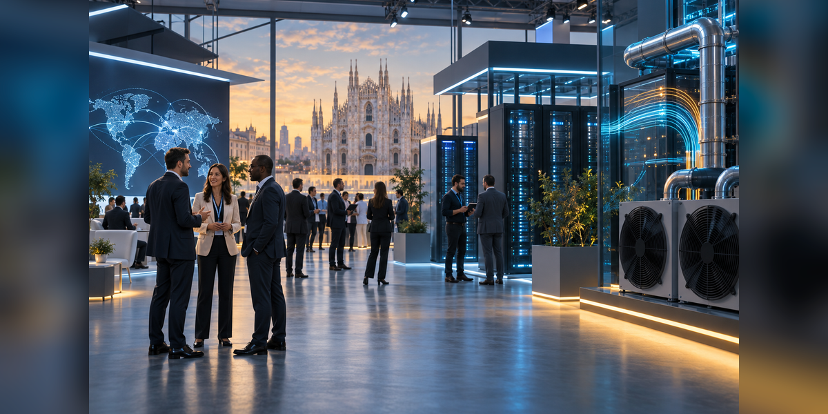 Business and technical attendees discussing data center infrastructure at a Milan conference