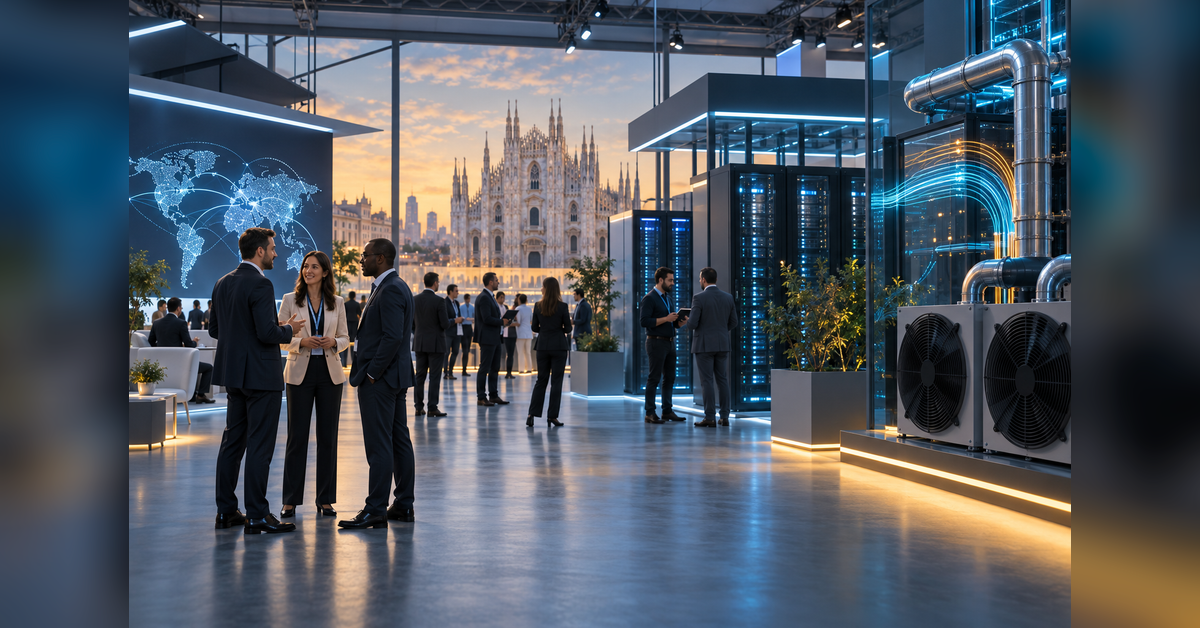 Business and technical attendees discussing data center infrastructure at a Milan conference