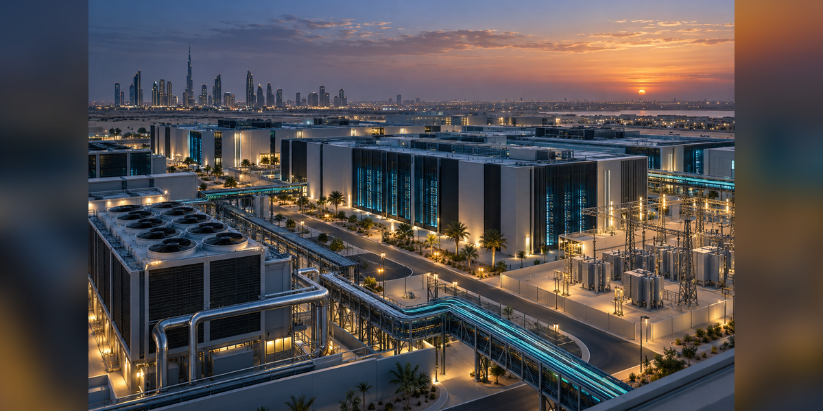 Modern Middle Eastern data center facilities connected by power and fiber infrastructure