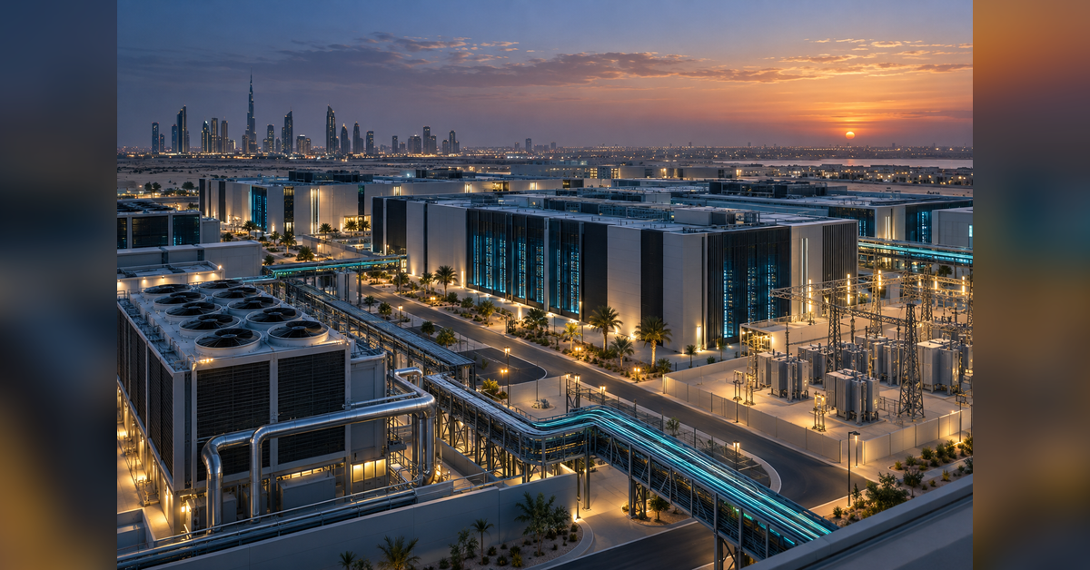 Modern Middle Eastern data center facilities connected by power and fiber infrastructure