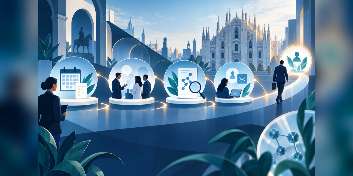 Illustrated CPHI Milan 2026 conference marketing journey from planning and meetings to follow-up