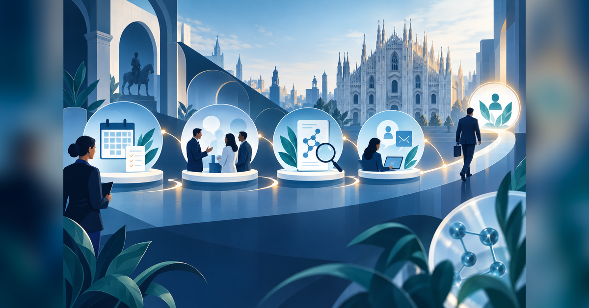 Illustrated CPHI Milan 2026 conference marketing journey from planning and meetings to follow-up