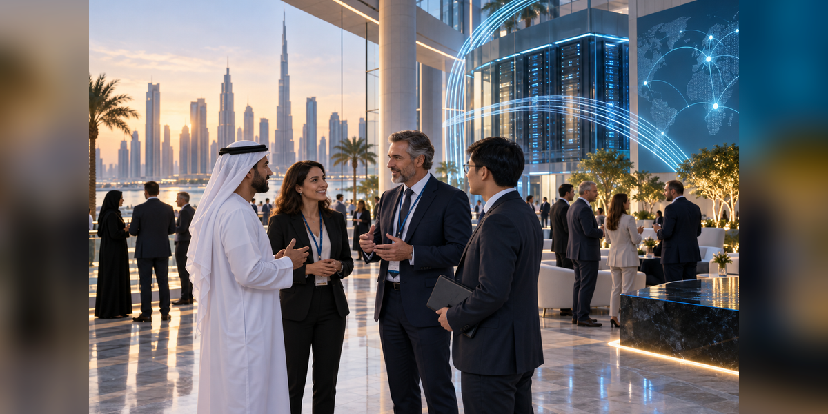 Business and infrastructure leaders meeting at a Dubai data center conference