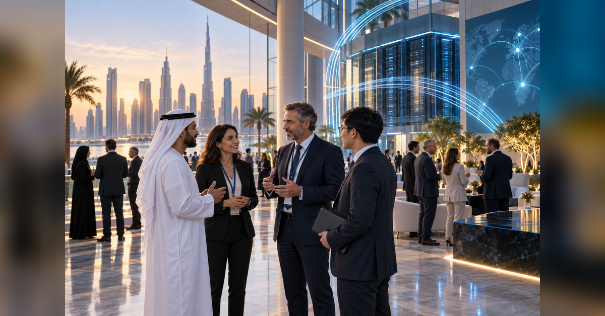 Business and infrastructure leaders meeting at a Dubai data center conference