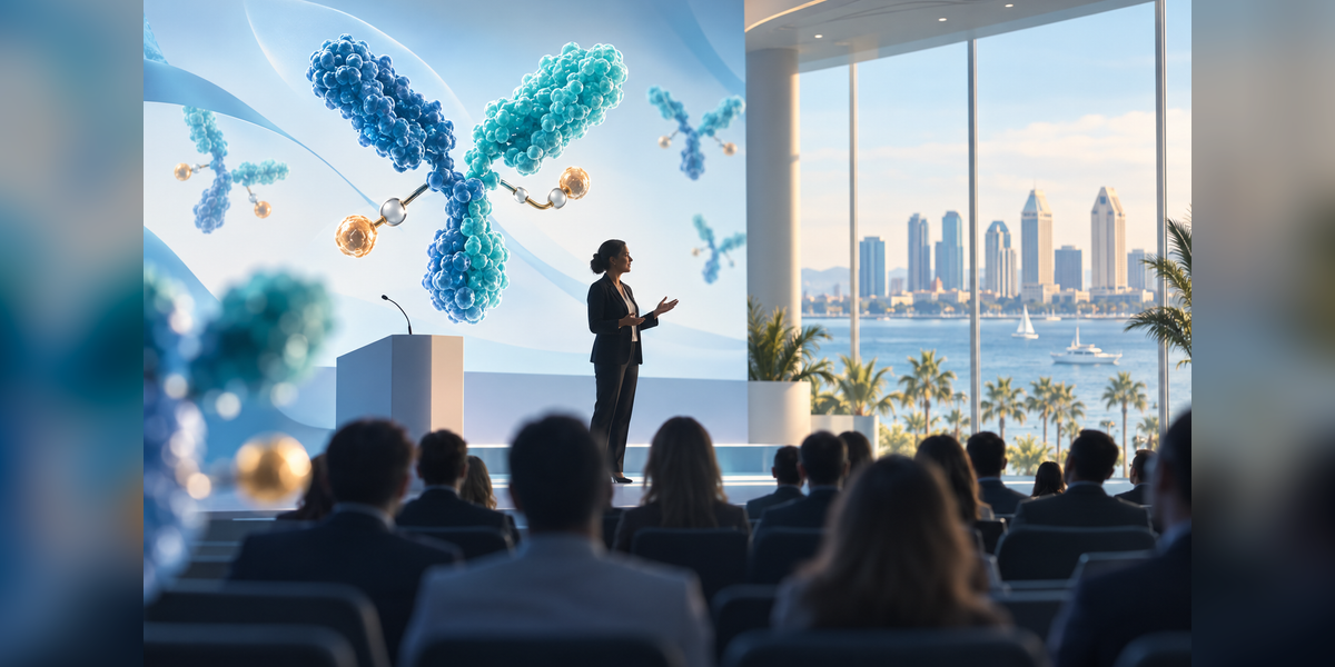 Conceptual life sciences conference scene for World ADC San Diego 2026