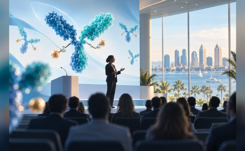 Conceptual life sciences conference scene for World ADC San Diego 2026