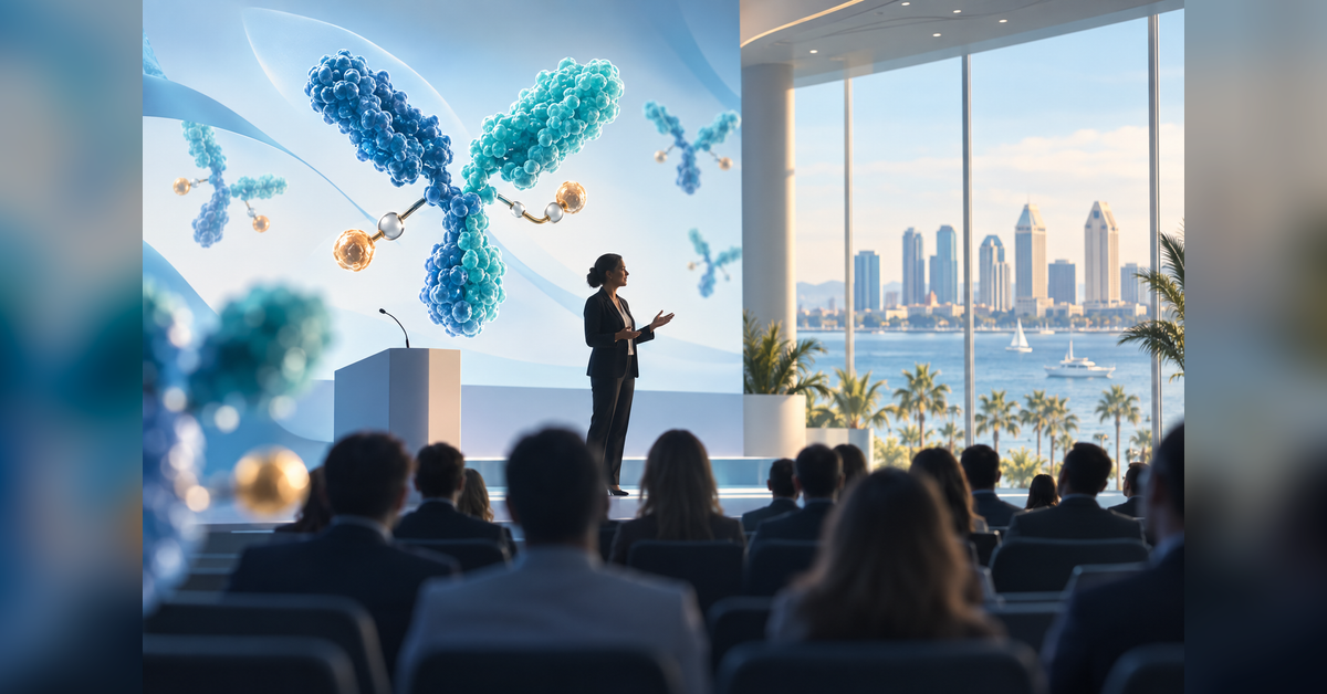 Conceptual life sciences conference scene for World ADC San Diego 2026