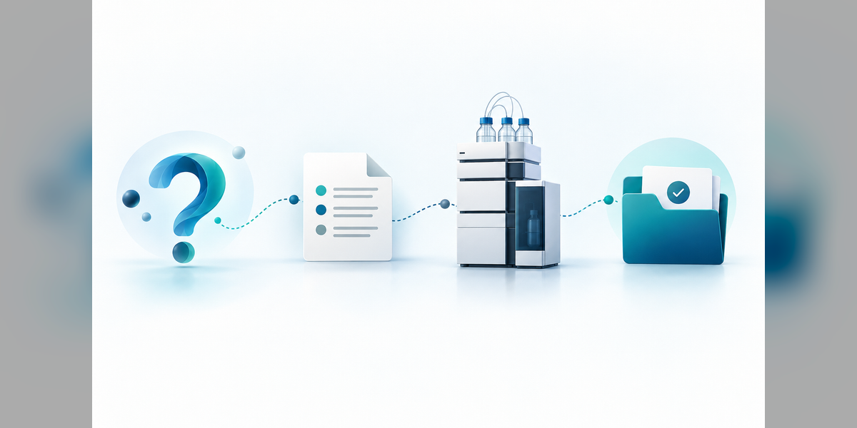 Conceptual chromatography equipment SEO journey connecting a research question, method documentation and instrument specifications